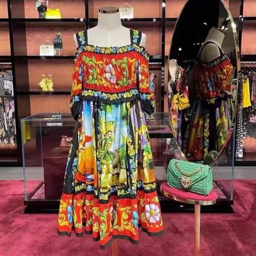 Qian Han Zi designer fashion Slash neck sexy dress Off the Shoulder cotton Pattern print vintage Holiday vacation dress women