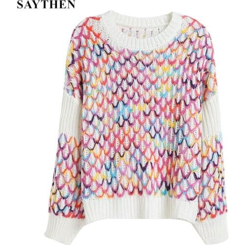 SAYTHEN 2021 Rainbow Diamond Pattern Knitted Pullovers for Women Vintage Neck Jacquard Contrast Colored Plaid Knitted SweaterV