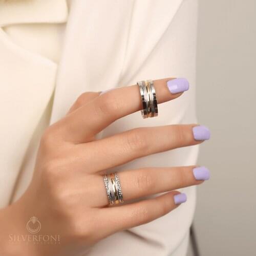 SILVERFONI 925 Sterling Real Silver Double Wedding Bands Rings Bracelet Woman Men Luxury Jewelry Fashion Engagement Anniversary