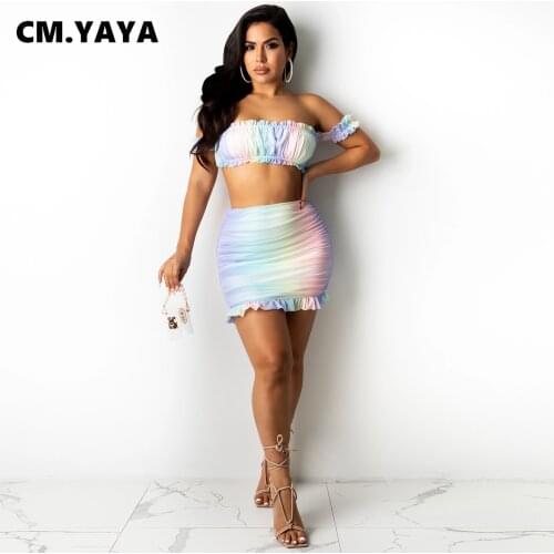 CM.YAYA Women Set Rainbow Color Strapless Off Shoulder Short Sleeve Crop Tops Mini Skirts Two 2 Piece Sets Sexy Outfit Summer