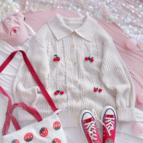 Japanese Girl Heart Cardigan Jacket Girl Harajuku Style Cute Lolita Cherry Retro Soft Girl Lapel Wool Thin Jacket Kawaii Tops