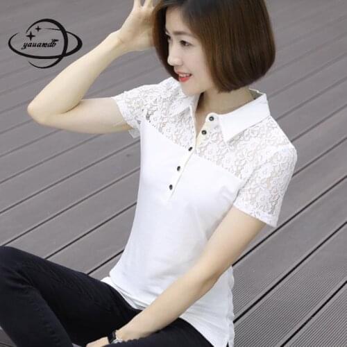 Yauamdb Women Polo Shirts Summer M-4xl Female Tops Tees Short Sleeve Lace Solid Buttons Ladies Fashion Slim Clothes Y83