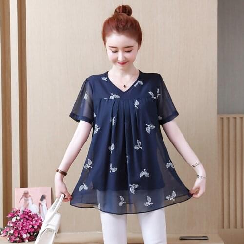 L-5XL Oversized big size Woman Summer Casual loose butterfly printed chiffon Blouse Short Sleeve Shirt blouse Tops clothing