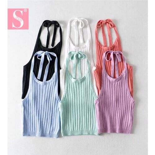 STVY 2021 Spring Women Sexy Camisole Candy Colors Knitting Halter Tank Tops Fashion Short Umbilical Vests Top 6 Colors