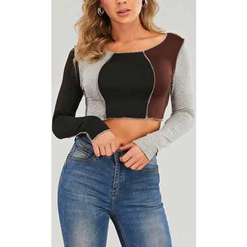 Color Block Patchwork Slim Crop Top Women Spring Fall Long Sleeve Round Neck Wild Casual T-Shirt Stretchy Streetwear Shirt