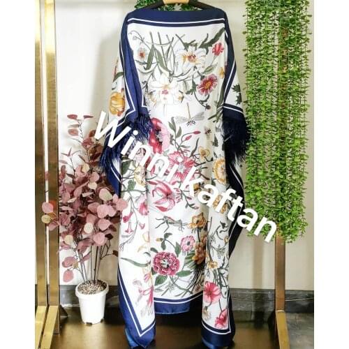 Winni 2021 Summer Bohemian Floral Batwing Sleeve Floor Length Dress Traditional Kuwait Ramadan Muslim Silk Feather Vestidos