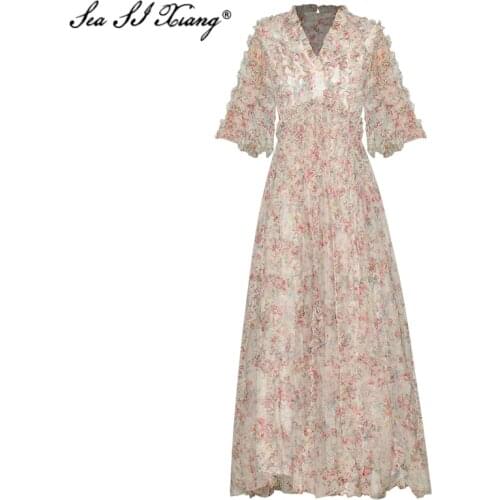 Seasixiang Fashion Designer Spring Mesh Dress Women V-Neck Cascading Ruffle Floral Print Vacation Long Dresses 2021 New