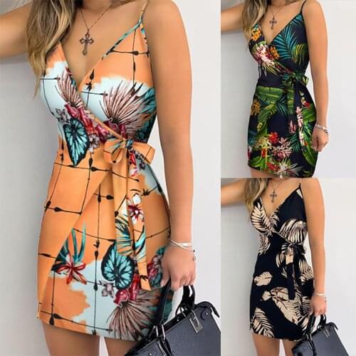2021 Summer Womens Holiday Floral Leaf Print Skinny V-neck Mini Dress Womens Bohemian Spaghetti Strap Beachwear Bow Belt