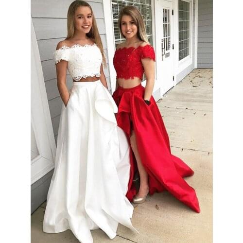 Sexy Split Ruffles Formal Party Evening Gown Two Pieces Red/Ivory Off The Shoulder Boat Neck Prom Dresses vestidos de gal