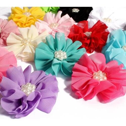 120pcs/lot 6.5cm 15colors Newborn Chiffon Flowers With Pearl For Hair Accessories Artificial Fabric Flowers For Kids Headbands