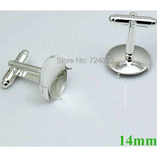 14mm Silver Plated Brass Round Prong Pins Bezel tray Blank Bases Cufflinks Cuff Links settings fits 14mm circle CABs Wholesale