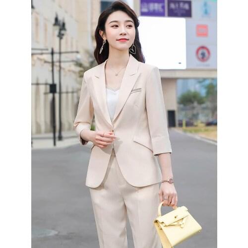 Half Sleeve Spring Summer Formal Women Business Suits Pantsuits Professional OL Styles Career Work Wear Trousers Set Blazers