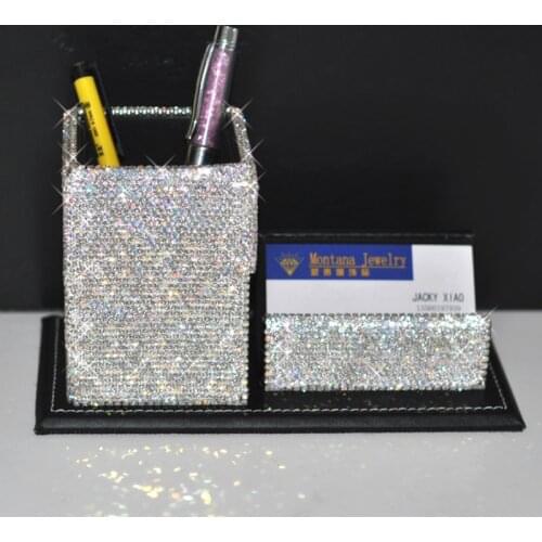 Luxury Stationery Pen Holder Rhinestones Desk Organizer Pencil Storage Desktop Business Card Holder Office Desk Accessories
