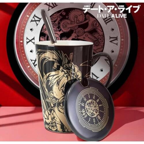 Anime DATE A LIVE Tokisaki Kurumi Retro Gold Stamping Ceramics Mug Cup Office Coffee Cup With Lid and Spoon Student Xmas Gift