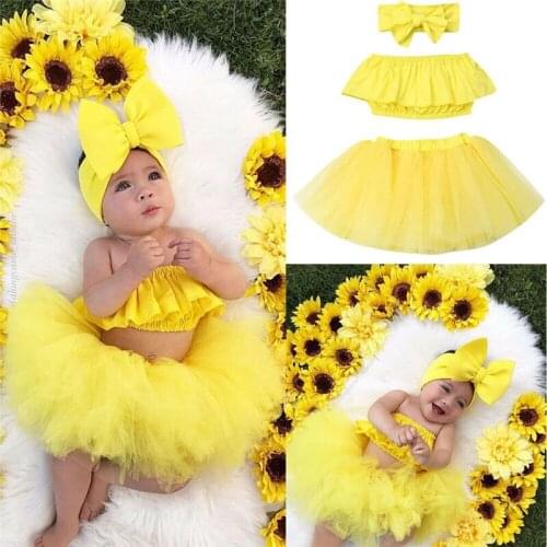 Newborn Baby Girl Clothes Set Cute Off-Shoulder Crop Tops+Tulle Skirt + Bowknot Headband Outfit Summer