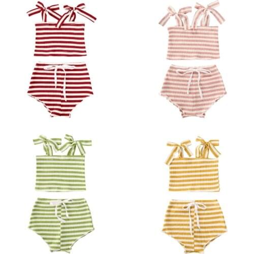 0-24M Newborn Baby Boys Girls Clothes Sets Striped Print Sleeveless Belt Vest Tops+Shorts
