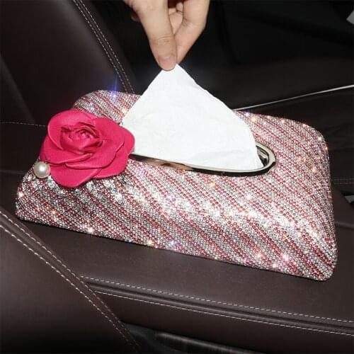 Crystal Car Tissue Box Camellia Flower PU Leather Auto Tissue Bag Seat Back Headrest Hanging Holder Case For Car Accessories