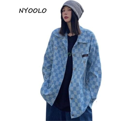 NYOOLO Casual Streetwear Vintage Plaid Chain Patchwork Long Sleeve Goth Denim Jacket Women Clothes Spring Autumn Hip Hop Coats