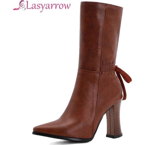 Lasyarrow Winter Boots Fashion PU Shoes Thick Heel Mid Calf Boots 2020 Womens Fashion Comfortable Shoe Black Plus Size 50