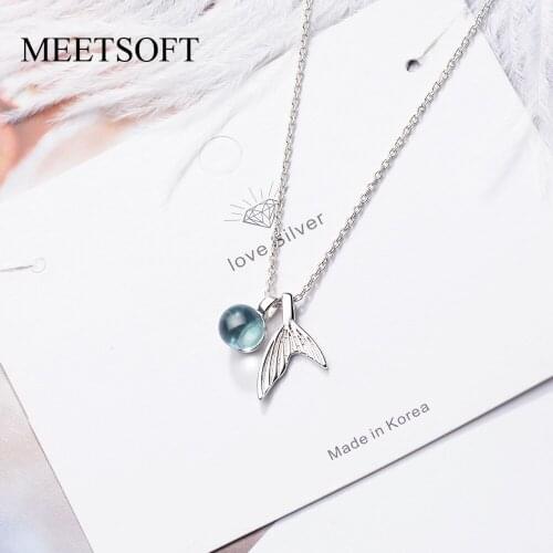 MEETSOFT White Tibetan Silver Pendant Necklace Minimalist Clavicle Chain Projection Microcarving Zircon Bead Fish Jewerly Gift
