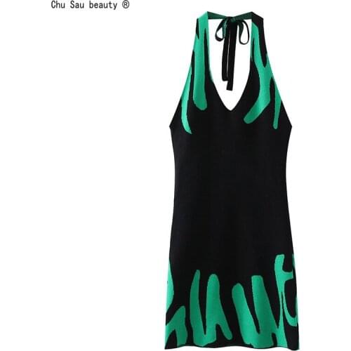 2021 Summer New Fashion Womens Sexy Neck Mounted Lace-Up Strap Knitted Tight-Fitting Elastic Backless Dress Female Vestido