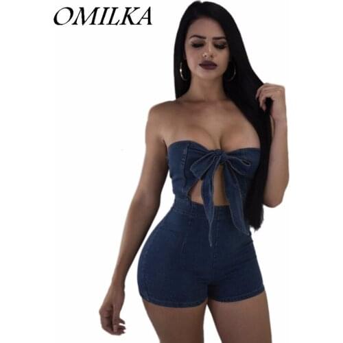 OMILKA 2018 Summer Women Strapless Bow Hollow Out Denim Jeans Playsuits Sexy Blue Elastic Bodycon Back Zipper Rompers Jumpsuits