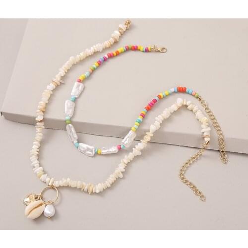 2Pcs/Set Boho Gold Heart Shell Pendant White Natural Stone Necklaces For Women Fashion Colorful Beads Pearl Beaded Necklace
