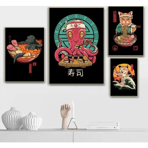 Japanese Anime Cat Ramen Sushi Posters And Prints Retro Canvas Painting Living Room Home Decoration Mural Print Wall Art Picture