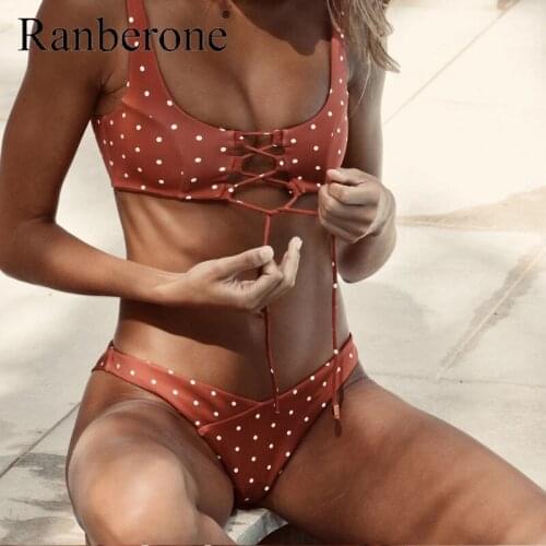 Ranberone 2020 Sexy Polka Dot Bikini Swimwear Women Bandage Hollow Out Set Bathing Suit Beachwear Swimsuit Swimming Bodysuit
