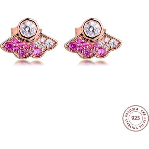 Pink Fan Stud Earrings for Women 925 Sterling Silver Crystal Earings Fashion Jewelry Gift Ear Brincos Bijoux Femme
