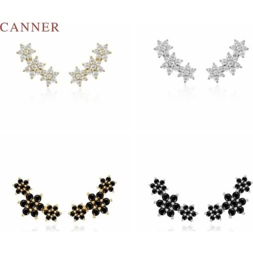 CANNER Flower Black Zircon Shape Earrings For Women 100% Real 925 Sterling Silver Piercing Stud Earrings Fine Jewelry Pendientes