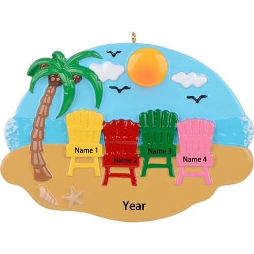 I Love The Beach Family of 4 Personalized Christmas Ornament, Vacation Holiday Souvenir Gift, Coconut Tree Sunset Sand