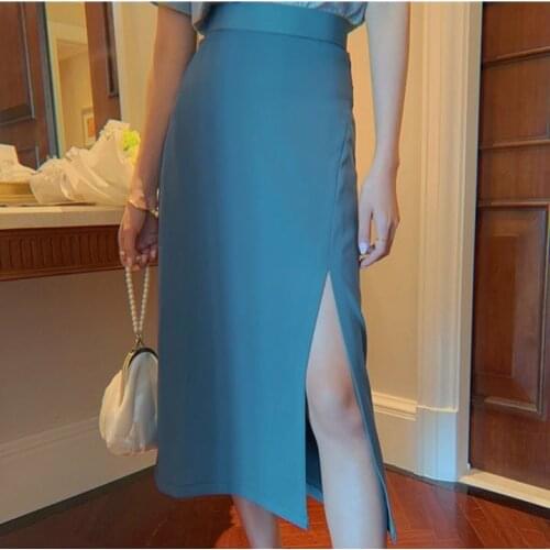 Summer Women Elegant Office Lady Hight Waist Split Skirt Female Slim A line Skirts Chic Mid Calf Skirts For Women Designer