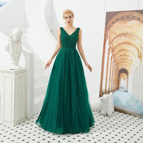 Green Evening Dresses 2019 Lace Dubai Beaded V-Neck Long Floor Length Prom Gowns Party YOUXI Ceremony Engagement Gown