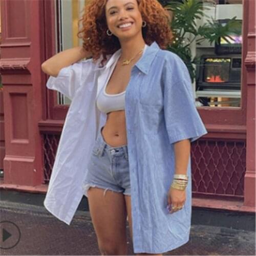 Women Blue White Stripe Printed Loose Shirt Short Sleeve Button-down Blouse Oversized Soft Chic Korean Top