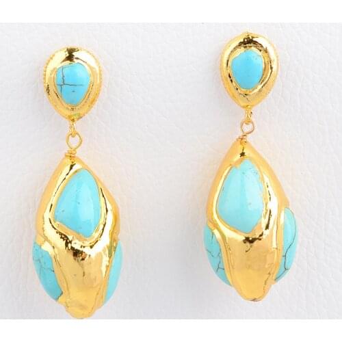 Womens 17x33MM Blue Stone Yellow Golden Plated Earrings
