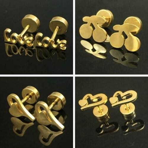 Hot New Fashion 4 Pairs Stainless Steel Gold Tone Love Heart Cherry Screw Back Pin Womens Earrings
