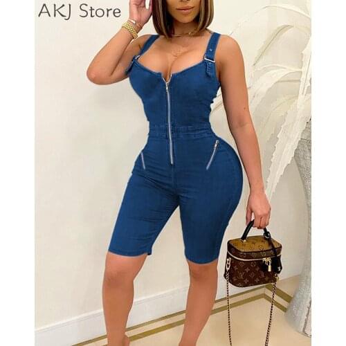 Women Skinny Denim Playsuits Solid Color Patchwork Zipper Sleeveless Rompers