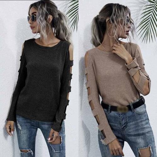 2021 fashion autumn European and American strapless slim-fit Round neck sweater womens hollow long-sleeved bottoming sweater