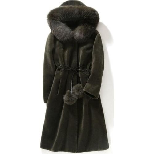 Winter Autumn Fur Coat Female Sheep Shearing Overcoat Fox Fur Collar Long Sleeve Hooded Wool Jacket Women Plus Size Women Coats