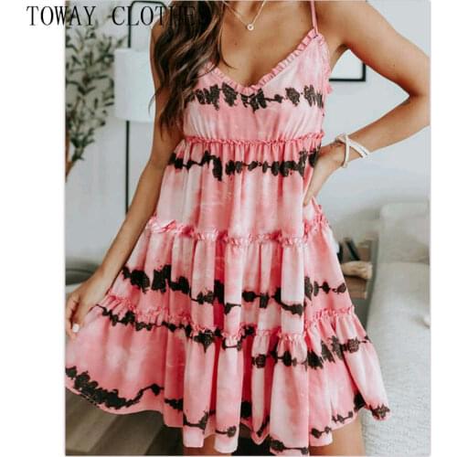 Summer Women Layered Tiered Tie Dye Print Ruffle Hem Sleeveless Mini Dress
