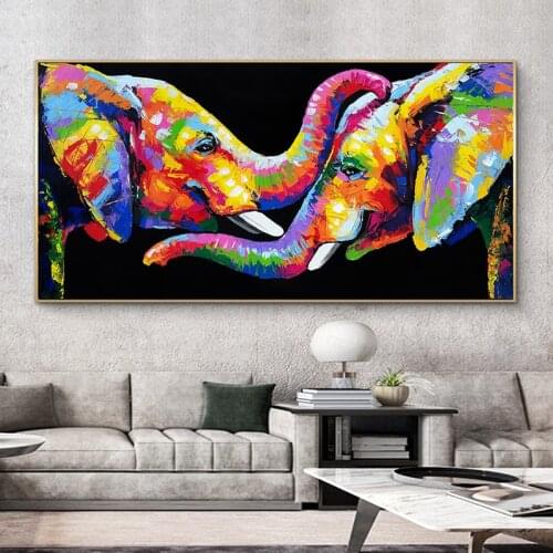 Abstract Animals Colorful Elephant Canvas Paintings Wall Art Posters and Prints Couple Elephants Pictures for Living Room Decor