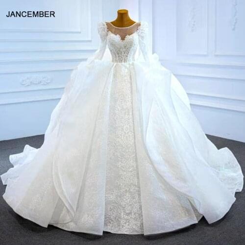 J67220 JANCEMBER New White Wedding Gown For Women 2020 V-Neck Long Sleeve Lace Up Back Crystal Beading