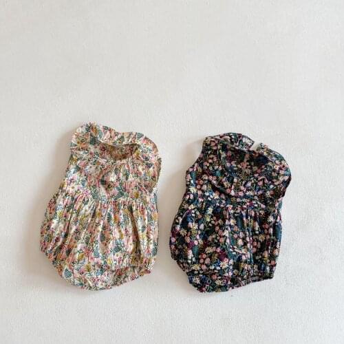 Summer New Kids Baby Girl Cute Floral Print Bodysuit Girls Sweet Sleeveless Turn Down Collar Jumpsuit Infant Toddler Clothes
