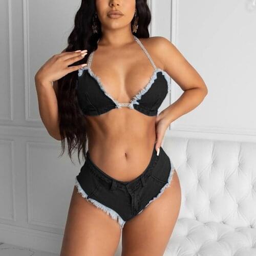 Summer Sexy Denim Swimwear Set 2021 Creative Tassels Edge Hanging Neck Tie Up Backless Low Waist Skinny Wild Bikini