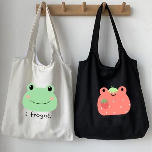 Ulzzang Cute Handbags Tote Bag Frog Cartoon Korean Womens Large Capacity Shoulder Bags New Canvas Casual Eco Foldable Bag Ladies
