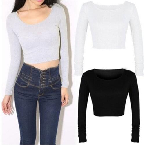 Sexy Women Summer Cotton Blend Breathable T-shirts Long Sleeve O-neck Solid Tees Casual Navel Bare Tops Slim Fit Women Tops