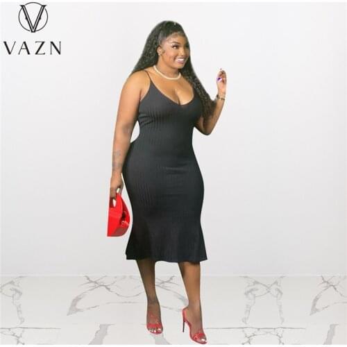 VAZN Spring 2021 Womens Street Fashion Large V-Neck, Multi-Color, Sleeveless Fishtail MIDI Dress With Strap-Up