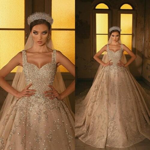 Luxury Dubai Champagne Wedding Dresses Spaghetti Straps Crystal Vintage Wedding Dress Sequins Robe De Ma