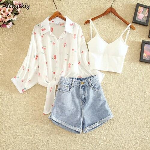 Shirts Women Summer Hot Sale Batwing Sleeve Casual Turn-down Collar Sun-proof Sheer Printing Female Clothing Preppy Ulzzang Ins